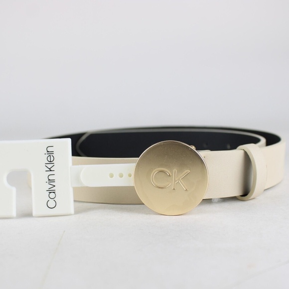 NWT Original CALVIN KLEIN Disk Medallion Belt Gold Buckle Taupe Cream Size M main image 5